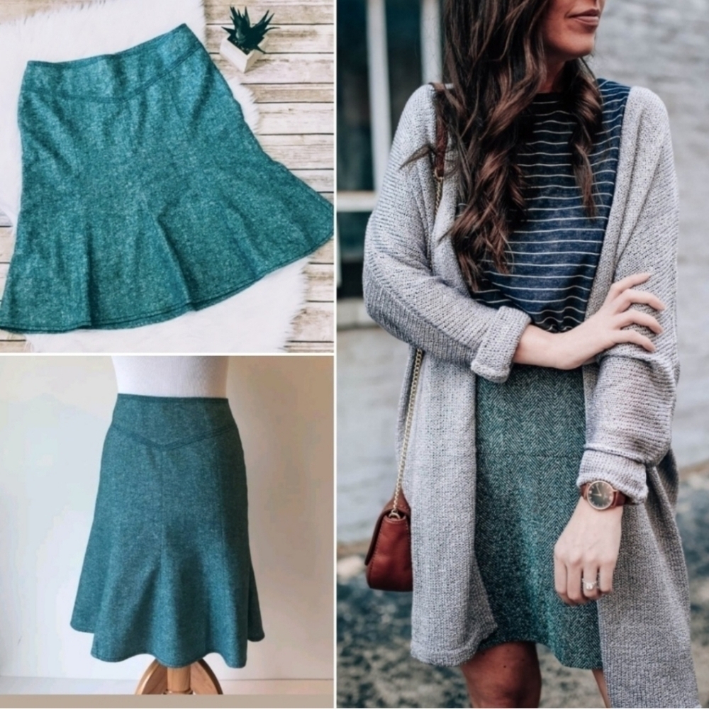 LOFT Teal Tweed Fit & Flare Ruffle Wool Silk Blend Skirt Women's 0 Career EUC